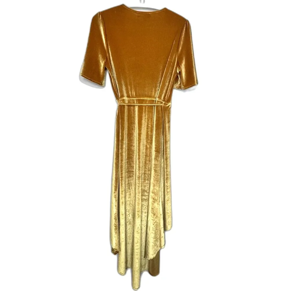 Lulus Gold Velvet Wrap Dress Large Boho Glam Asymmetrical Midi - Picture 4 of 6